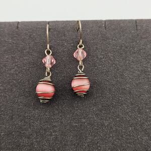 Silver Tone Light Pink Beaded Hook Earrings Twisted Spiral Wirework Dangle Drop